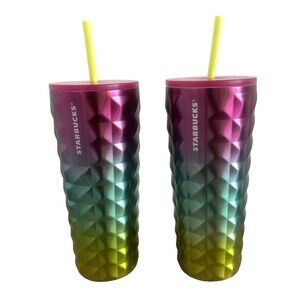 Starbucks Tumblers LOT OF 2 Gradient Studded Tri Color Stainless Steel 24 oz NEW